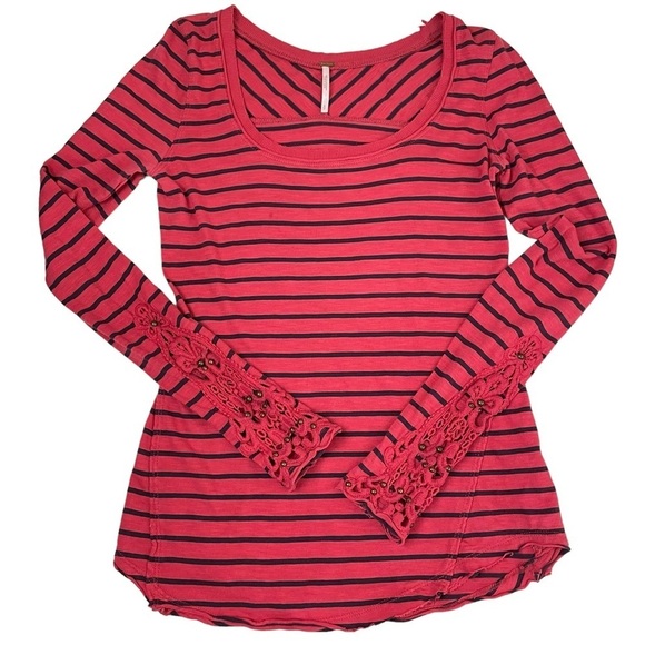 Free People Hard Candy Striped Henley Red Crochet Cuffs - Picture 12 of 14